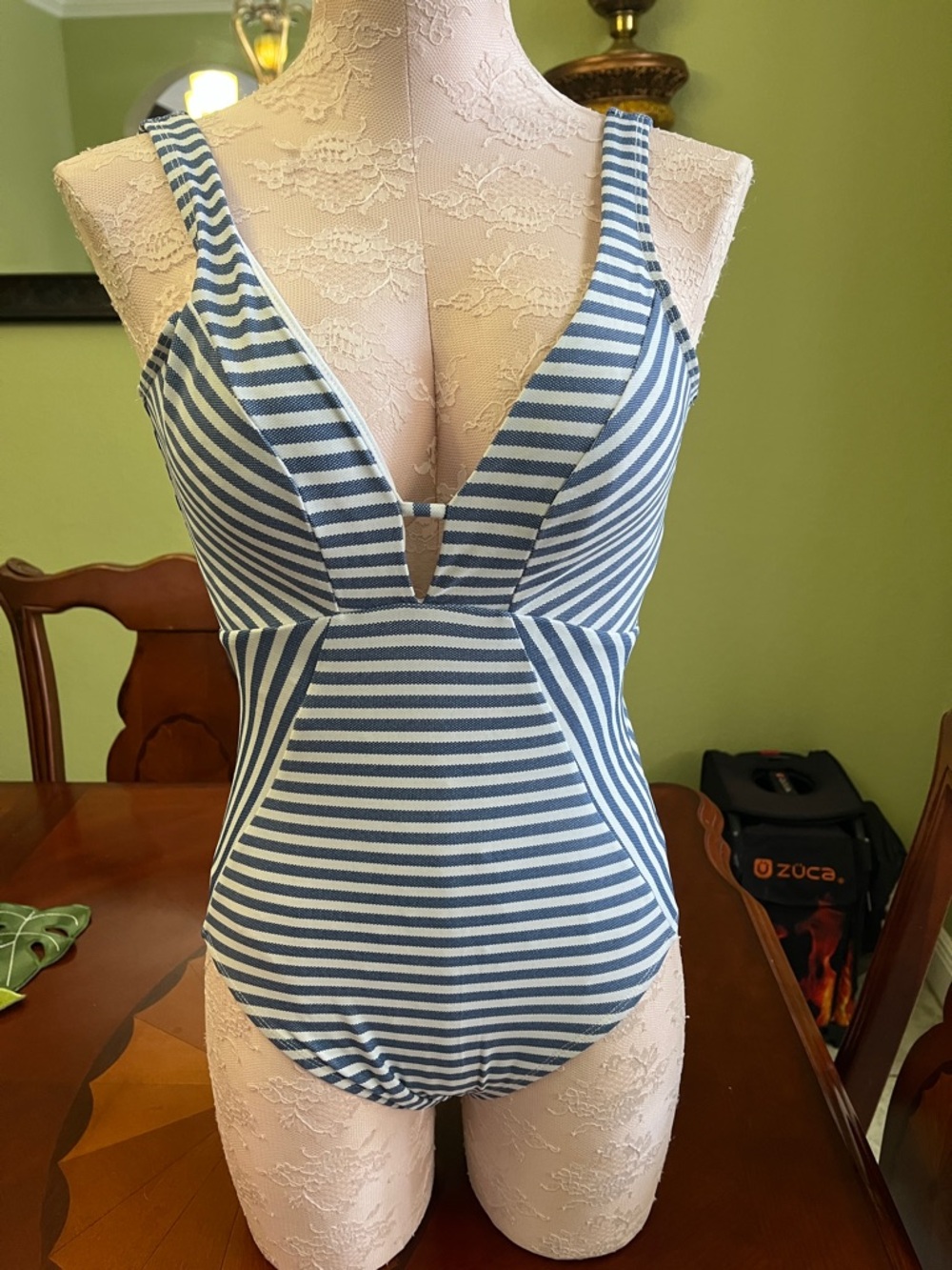 Striped V-Neck One-Piece Swimsuit in Blue and White